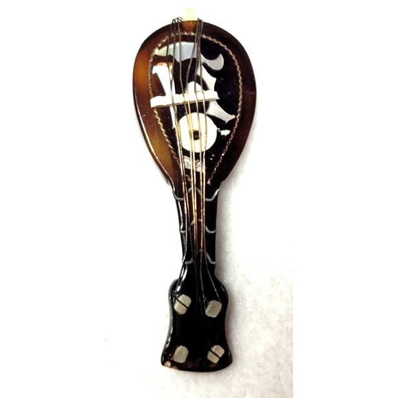 Vtg Celluloid Mandolin Brooch Faux Inlay Oriental Style Brown Tortoiseshell Look - Picture 2 of 8